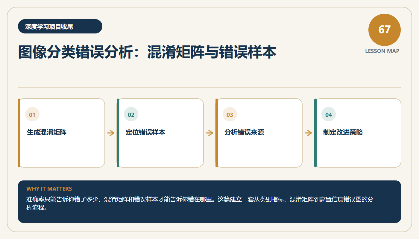 第 67 课知识图，展示从混淆矩阵、错误样本到错误归因和改进策略的分析流程。